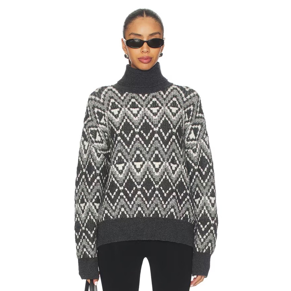 Varley Ida Relaxed Fairisle Rollneck Sweater Carbon Charcoal Merino Cashmere XS